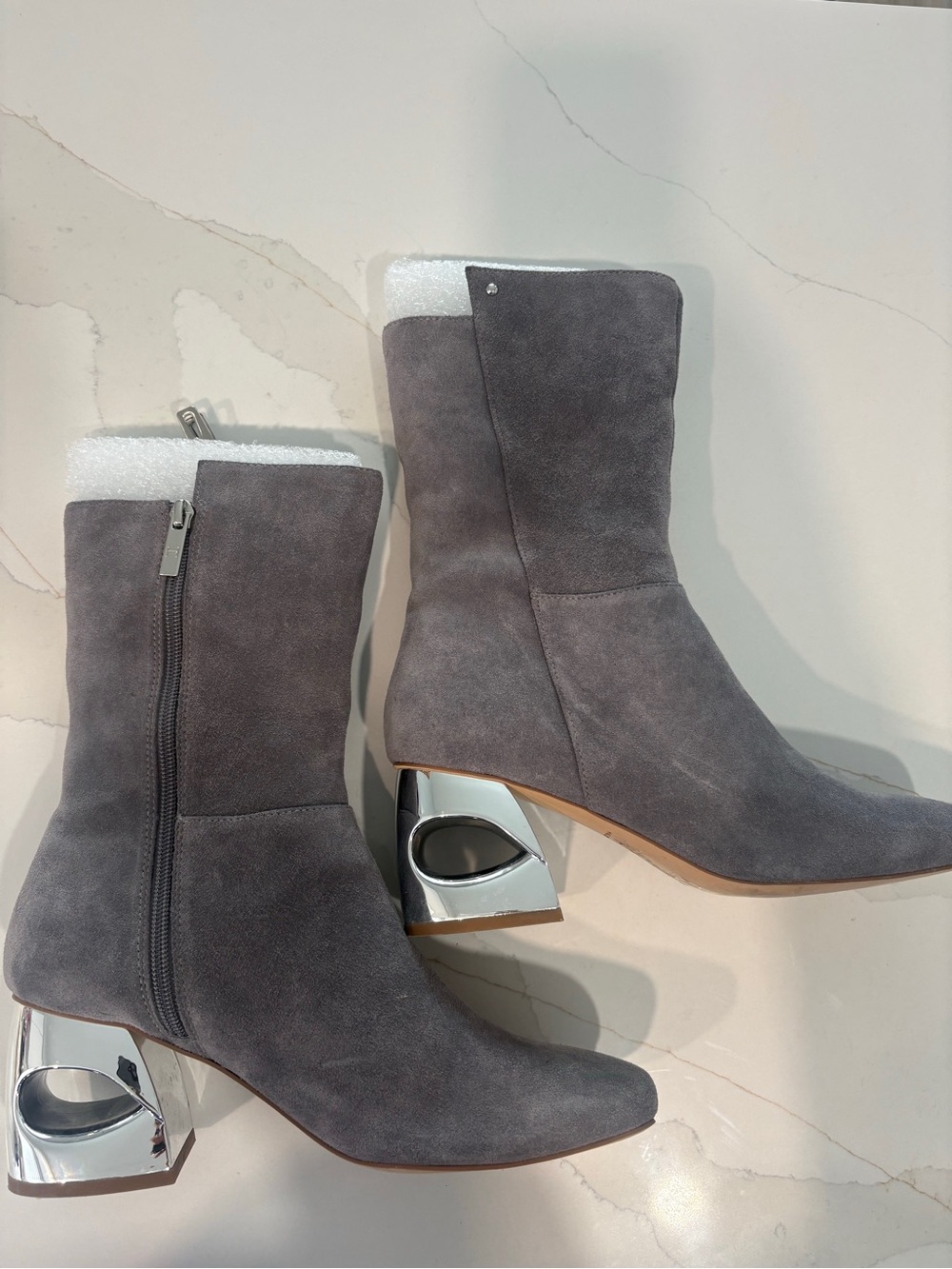 H by Halston Gray Suede Ankle Boots with Sculptural Silver Heel